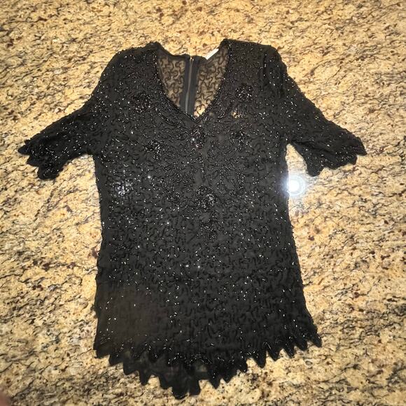 Vintage Women Small Beaded Black 3/4 Sleeve Heavy Top Zipper Back Emo Grunge - Picture 2 of 7